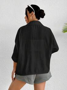 SHEIN PETITE 女款純色3/4袖前開襟休閒寬鬆襯衫 - 黑色 - 查看 2
