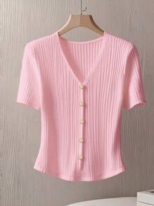 Everyssa Áo thun nữ cổ chữ V tay ngắn, đơn hàng khuy, màu trơn - Hồng - Xem 3