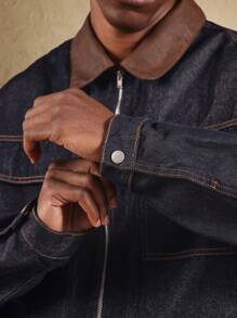 SUMWON Rohe Denim Trucker Jacke mit kontrastierendem braunem Lederkragen, Utility Workwear Stil mit Fronttaschen, klassische amerikanische Arbeiterkleidung für Herbst und Winter - Verschiedenfarbig - Übersicht 6