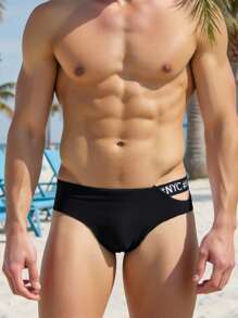 Manfinity Swimmode Men's Letter Print Hollow Out Triangle Swimming Trunks, For Vacation - Black - View 4