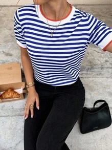 Serisse Striped Pattern Knit Top,Knitted Sweater Summer Casual - Blue and White - View 3