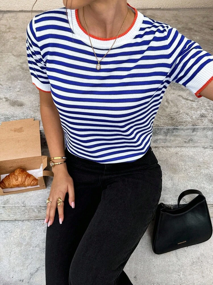 Serisse Tops de Punto A rayas Casual - Azul y blanco - Añade 3