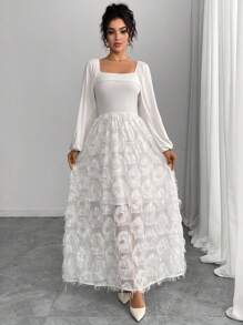 Rafferiza 女式秋季泡泡袖针织拼布提花修身A字连衣裙 - 白色 - 查看 4