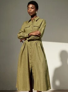 Aveloria Modichic فستان طويل بتصميم أخضر ليموني جمالي، مزين بجيوب وتصميم شق جانبي مزدوج، مناسب للتجول في المعارض الفنية وزيارة المقاهي - أخضر - مشاهدة 5