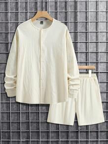 Manfinity RSRT 男士纯色单排扣衬衫和短裤套装，带口袋，秋季服装，舒适服装