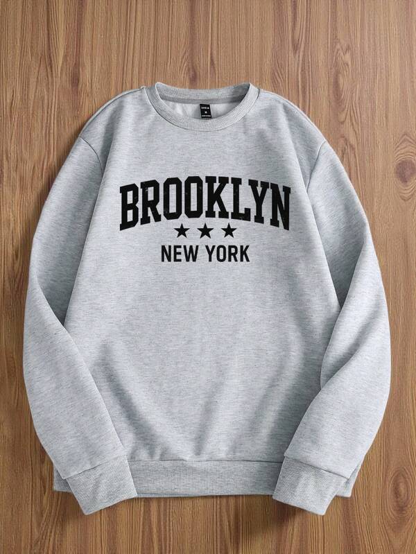 Manfinity Joysei Fashionable Casual Young City Slogan Graphic Print Men's Standard Crew Neck Raglan Sleeve Light Gray Fleece Sweatshirt, Suitable For Autumn/Winter, Dates, Gatherings, Couples & Family Matching, Brooklyn Sweatshirt, New York Sweatshirt, Grey Sweatshirt