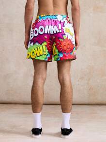 Solantero Calções de praia masculinos com estampa de letras coloridas - Roxa - Ver 3