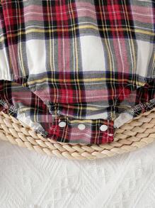 SHEIN 女婴优雅格子彼得潘领连体衣，秋季格子婴儿连体衣红色格子婴儿套装 - 彩色 - 查看 7