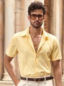 HIMLAND Áo sơ mi nam cổ bẻ tay ngắn, họa tiết sọc đi làm thường ngày, áo sơ mi nam mặc đi nghỉ dưỡng, áo sơ mi nam sọc vàng, áo sơ mi nam tay ngắn, áo sơ mi nam sang trọng, áo sơ mi nam màu vàng, tiền cũ - Màu vàng - Xem 5