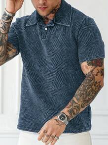 Manfinity Homme 男士水洗休闲纹理夏季短袖 Polo 衫 - 藍色 - 查看 8