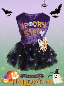 PETSIN 1pc Pet Halloween Purple Sleeveless Velvet Star Foil Print Mesh Tutu Dress With Cute Letter Print For Cats & Dogs - Multicolor - View 4