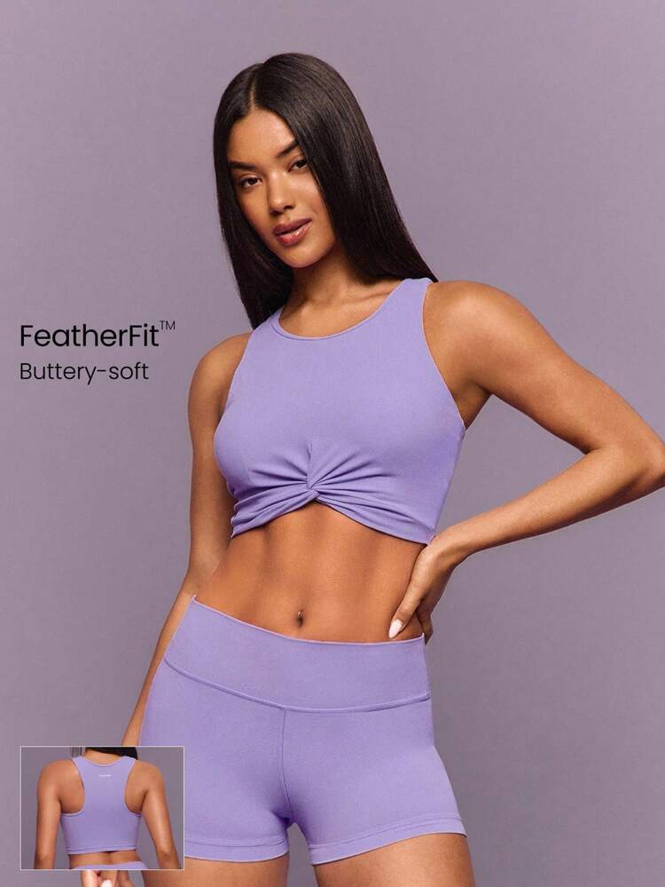 FeatherFit™ Twist And Flow Soft Stretchy Sweat-Wicking Removable Cups Racerback Twist-Front Cropped Tank Top Top Low-Impact Yoga Pilates Barre Gym Studio Daily Casual Wear  Spring Summer