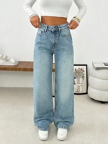 EURMUSE Gerade geschnittene Jeans im Lässig-Stil mit hoher Taille - Mittele Waschung - Übersicht 7