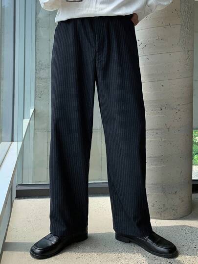 DAZY Men's Striped Fabric Navy Blue Commuter Suit Pants, Autumn Business Attire