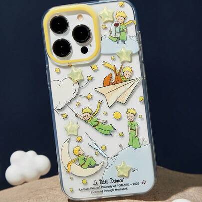 LE PETIT PRINCE X SHEIN 时尚趣味手机壳，印花保护套设计，立体星星点缀，适用于 11 - 17 Pro Max、月亮和星星