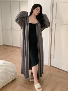 Dazy Plus Plus Size Women Loose Contrast Trim Hooded Cinched Waist Robe, Casual Sleepwear, For Fall & Winter, Cozy Outfit - Grey - View 2