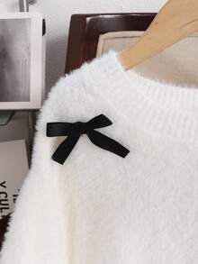 SHEIN Tween Girl Casual Cute Round Neck Faux Fur Collar Loose Fit Bow Knit Sweater TopAutumn Clothing Fall Winter - White - View 4