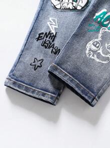 Young Boy Printed Elastic Denim Tapered Jeans, Fun And Fashionable Back To School Recommendation, Classic Washed Blue Denim Stretch Fabric, Cartoon Printed Design Full Of Childlike Charm, High Waist Elastic Waistband Fall Winter - Dark Wash - View 8