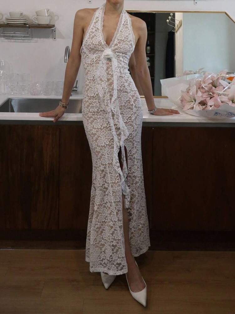 Women's White Lace Halter Split Midi Dress Prom Dress Summer Women Dresses Sundress