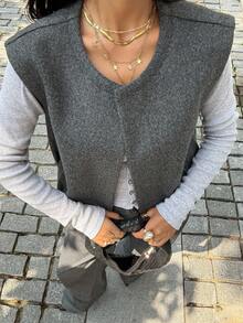 Serisse Áo khoác vest không tay cổ tròn màu trơn dành cho nữ, áo khoác ngoài thường ngày, thu/đông, áo khoác xám, trang phục công sở thường ngày dành cho nữ, thích hợp mặc đi làm hàng ngày, mùa thu - Màu xám đen - Xem 7