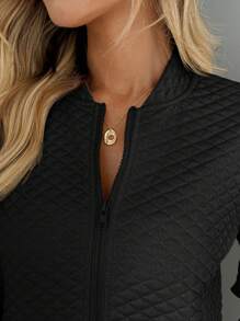 Easowa Women's Quilted Textured Fabric Baseball Jacket, Casual Commuter Elegant Outdoor Sports Home Comfortable Autumn/Winter Black Jacket Women Blazer Jacket Jackets For Women Casual Quilted Jacket Women Zip Up Jacket Women - Black - View 7