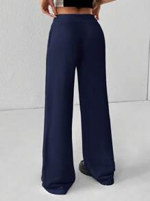 SHEIN PETITE 舒适休闲纯色针织低腰阔腿女式运动裤 - 藏蓝色 - 查看 2