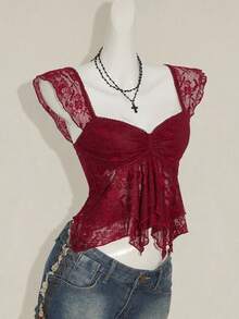 SHEIN ICON Women's Ruched Front Fitted Sexy Lace Patchwork Cap Sleeve Backless Casual Vacation Cropped Camisole Burgundy Lace Top - Burgundy - View 8