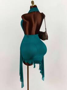 Amplova Fitted Sleeveless Mesh Mini Dress In Green With Ruched Design And Halter Neckline,Party Dress - Green - View 7