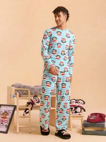 Paul Frank X SHEIN Men's Comfortable Striped Cute Cartoon Monkey Pattern Top And Pants Pajama Set, Fall Clothes