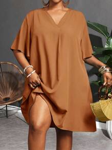 Slaydiva 新款优雅休闲/商务休闲女式短袖雪纺V领宽松荷叶袖连衣裙，秋季女装 - 棕色 - 查看 11