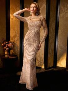 MOTF Soiréza 人造珍珠领口和镂空细节串珠美人鱼下摆晚礼服 - 香檳色 - 查看 4