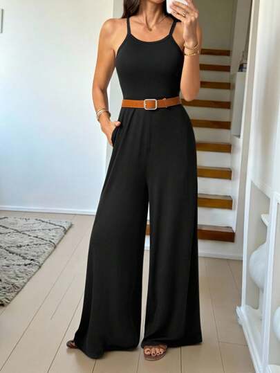 SHEIN Tall Black Jumpsuit With Pockets, Wide Leg, Casual And Comfortable Summer Outfit, Knit Fabric Business Casual Woman Overalls