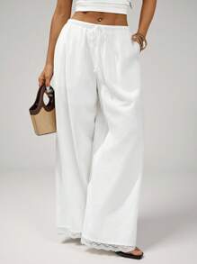 SHEIN PETITE 白色亚麻抽绳低腰撞色蕾丝边阔腿长裤 - 白色 - 查看 1