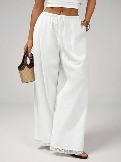 SHEIN PETITE White Linen Drawstring Low Waist Contrast Lace Trim Wide Leg Maxi Pants White Pants With Lace Trim