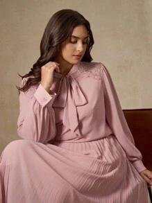 Chikora 大码纯色蝴蝶结装饰长袖上衣和百褶裙两件套女式百褶裙套装粉色百褶裙长袖粉色衬衫百褶中长裙粉色连衣裙女式粉色套装秋季服装大码商务休闲女式办公室服装女士工作服女士工作服 - 藕粉色 - 查看 3