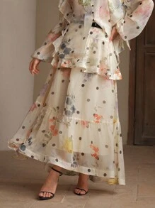 Anewsta 女士波尔卡圆点和花卉印花层叠荷叶边下摆长裙，优雅适合春夏度假 - 杏色 - 查看 3