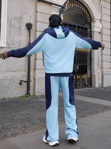 Manfinity EMRG 男士休闲运动连帽卫衣和运动裤两件套；针织运动服；拉链连帽衫和松紧腰慢跑裤；极简色块和星星印花设计，层次分明，活力四射，清新活力，适合日常、时尚、返校、户外、休闲、运动等各种场合。节日礼物，男友礼物，男士两件套蓝色两件套男士男士色块套装 Y2k 运动服男士慢跑套装，秋装