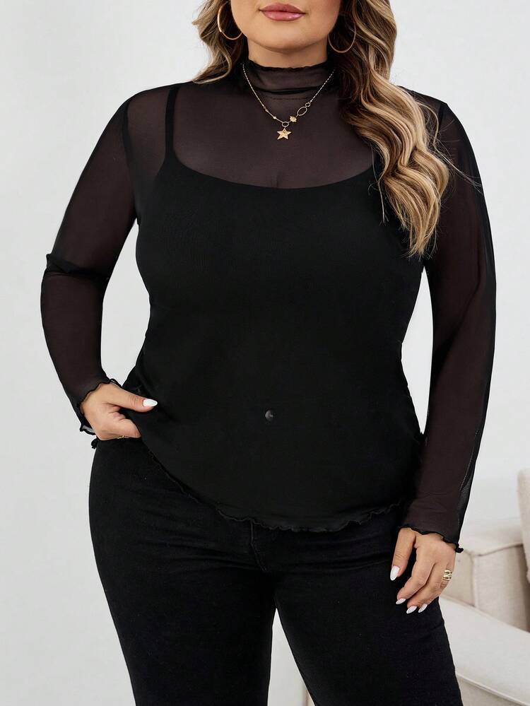 SHEIN CURVE+ 大码女式休闲透视网眼荷叶边立领长袖 T 恤大码透视上衣大码黑色上衣 8xl 女装 Curve Plus 上衣女式 Curve Plus 服装秋季女装、冬季、CURVE PLUS/秋冬 - 黑色 - 查看 5