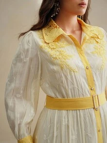 Anewsta Long Sleeve Floral Patchwork Stand Collar Dress