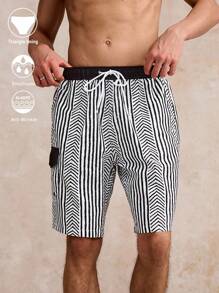 Surfspeed Men's Striped Drawstring Waist Cargo Pocket Beach Shorts - Black and White - View 1