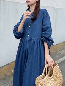 FRIFUL 女式休闲宽松牛仔连衣裙 - 深色水洗藍 - 查看 7