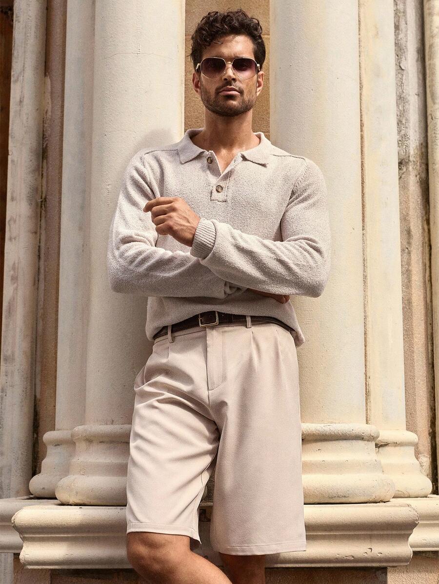 HIMLAND Pantalones cortos casuales de hombre con pierna recta y pliegues, nuevos pantalones cortos de vestir de cintura alta en color beige, estilo "Old Money"