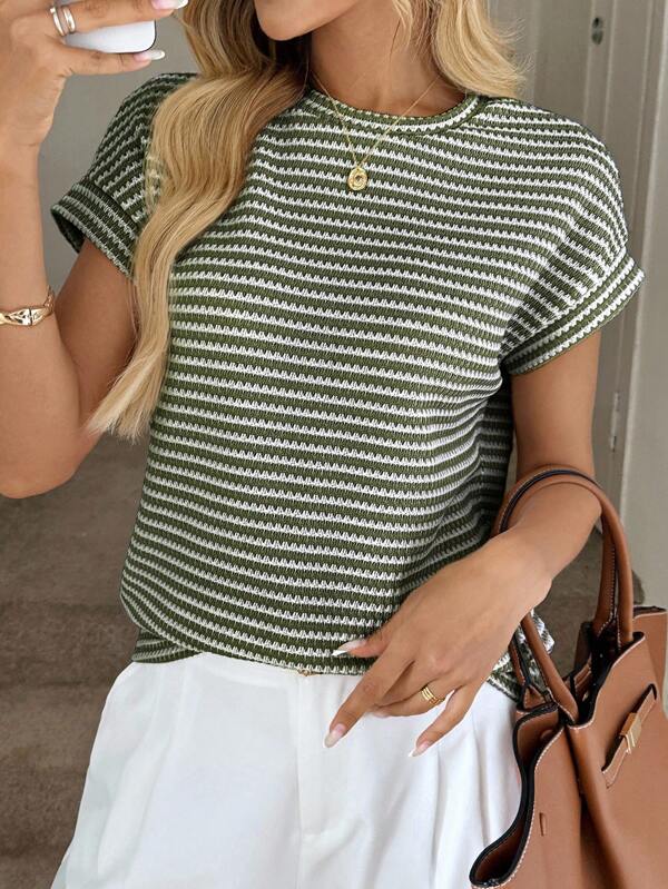 Easowa Women's Relaxed Fit Scoop Neck Short Sleeve Waffle Textured Striped T-Shirt, Casual & Elegant Vacation Wear