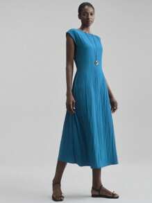 Ontre Novas roupas femininas de 2025, vestuário outono/inverno, roupas para todas as estações, trajes de inverno, looks de volta às aulas, Halloween e Natal, trajes femininos para professoras, trajes para eventos sociais, vestidos para saídas à noite, vestidos para convidadas de casamento, vestidos elegantes para convidadas de casamento, trajes para igreja, trajes casuais femininos para negócios, básicos versáteis, vestido longo texturizado minimalista de cor sólida casual de verão - Azul - Ver 4