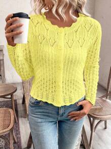 SHEIN PETITE Women's Round Neck Hollow Front Button Cardigan, Autumn/Winter Knitted Casual Spring Fall Cardigan - Yellow - View 6