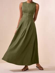 Zivah 2025夏秋新款休闲优雅绿色圆领无袖半开拉链大A字伞裙女式超长连衣裙，日常、购物、返校、穿搭、度假、派对、聚会、通勤皆宜。 - 橄欖綠 - 查看 6