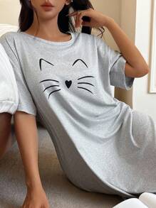 Cute Cat Print Women's Nightgown, Moo Moo Cat Pajamas Women Cute Sleepwear Cute Pajamas Women Sleepwear Cute Lounge Wear