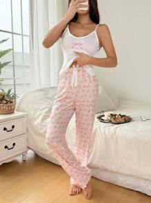 Slogan Pattern Camisole & Plaid Long Pants Pajama Set - Multicolor - View 5