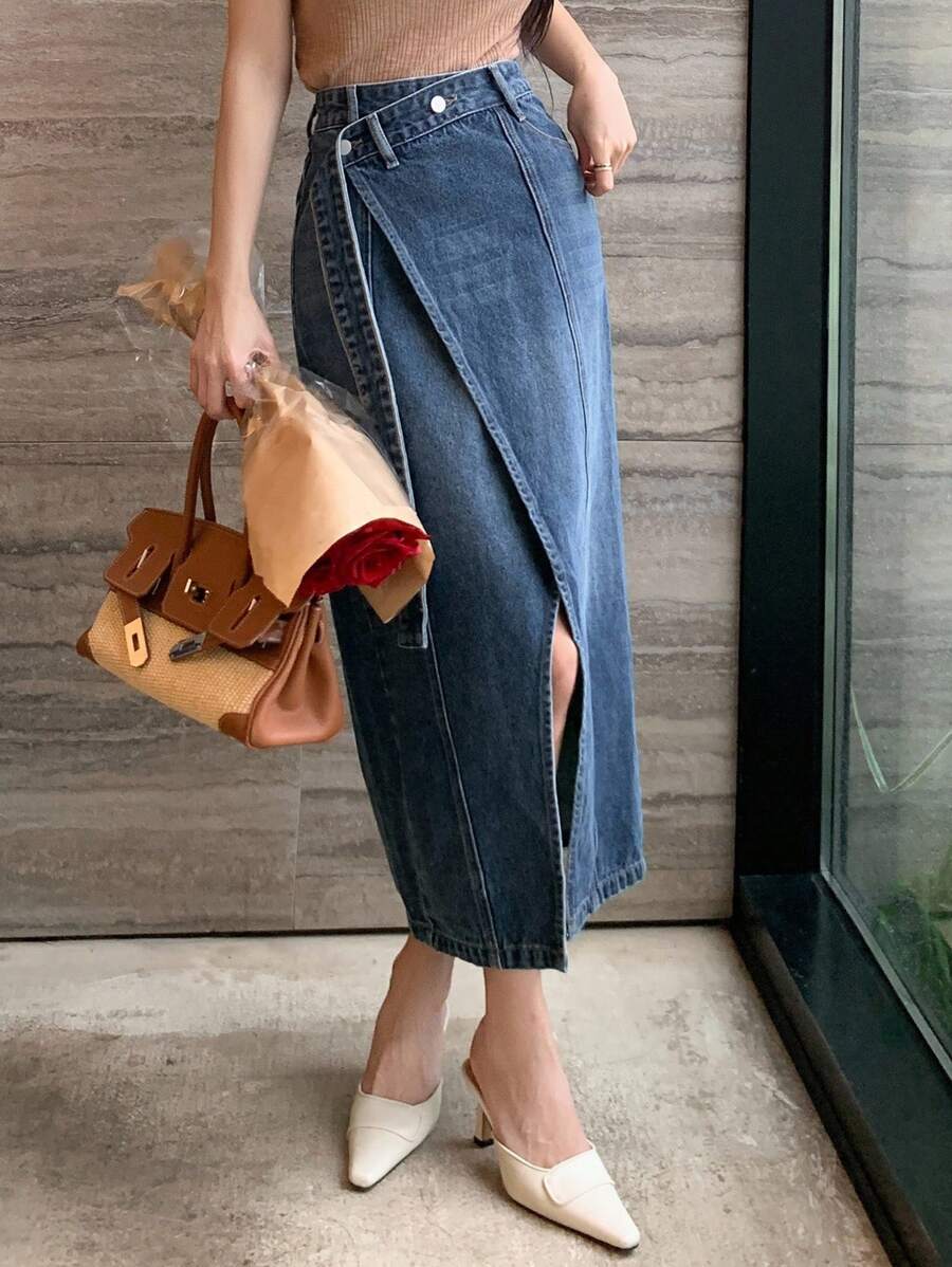 DAZY 女士夏季开衩腰部设计性感休闲牛仔裙 - 中等水洗藍 - 查看 1