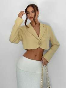 Siren Gaze 老钱风格黄色秋季女装返校冬季女装教师商务休闲女装黄色西装截短长袖向日葵金属纽扣宽松西装外套女式翻领长袖金属太阳装饰短款时尚西装外套 - 黃色 - 查看 2